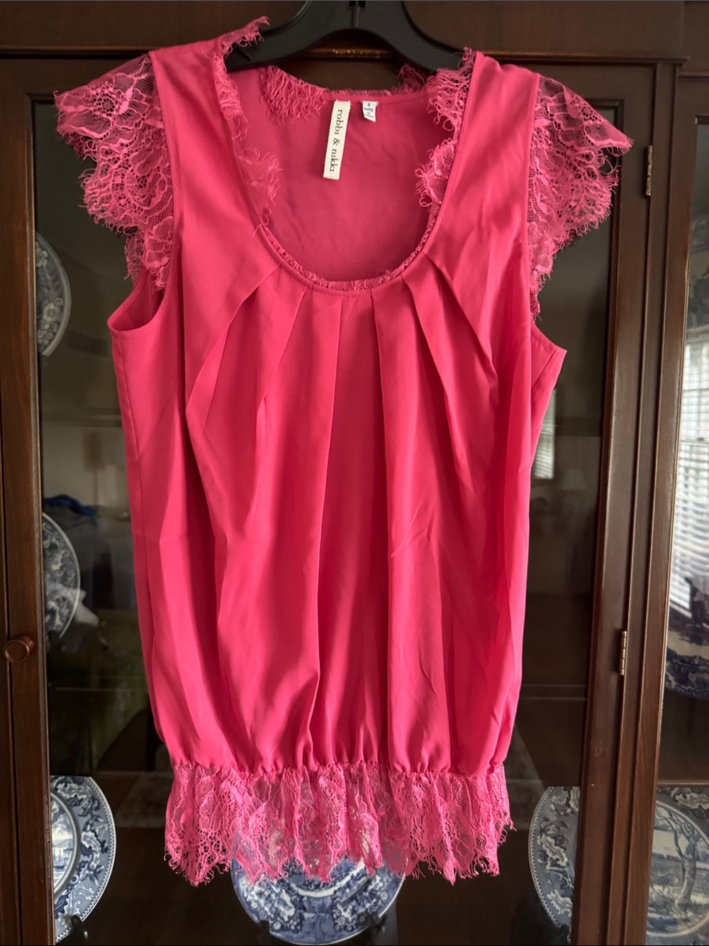 Robbi & Nikki Bright Pink Lace-Trim Shell